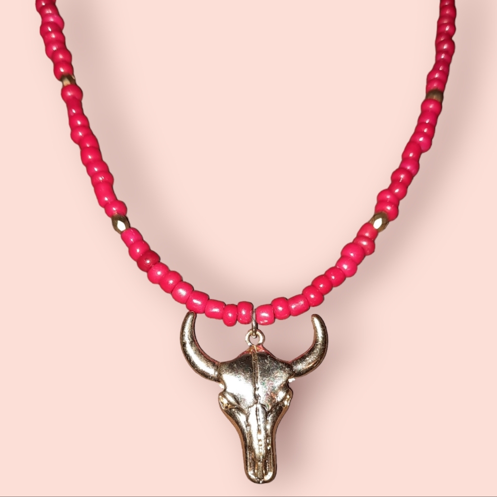 Longhorn Western beaded adjustable necklace red and goldtone